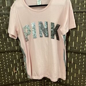 VICTORIA SECRET “PINK” Sequin T-Shirt ( Color: Light Pink) ( PREOWNED)